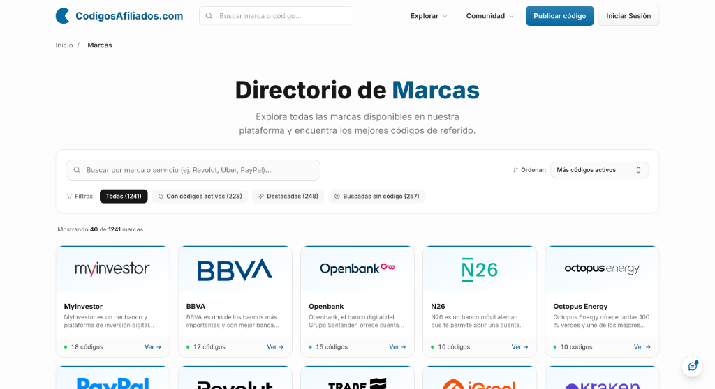 Directorio de marcas con buscador instantáneo, filtros rápidos y ordenación